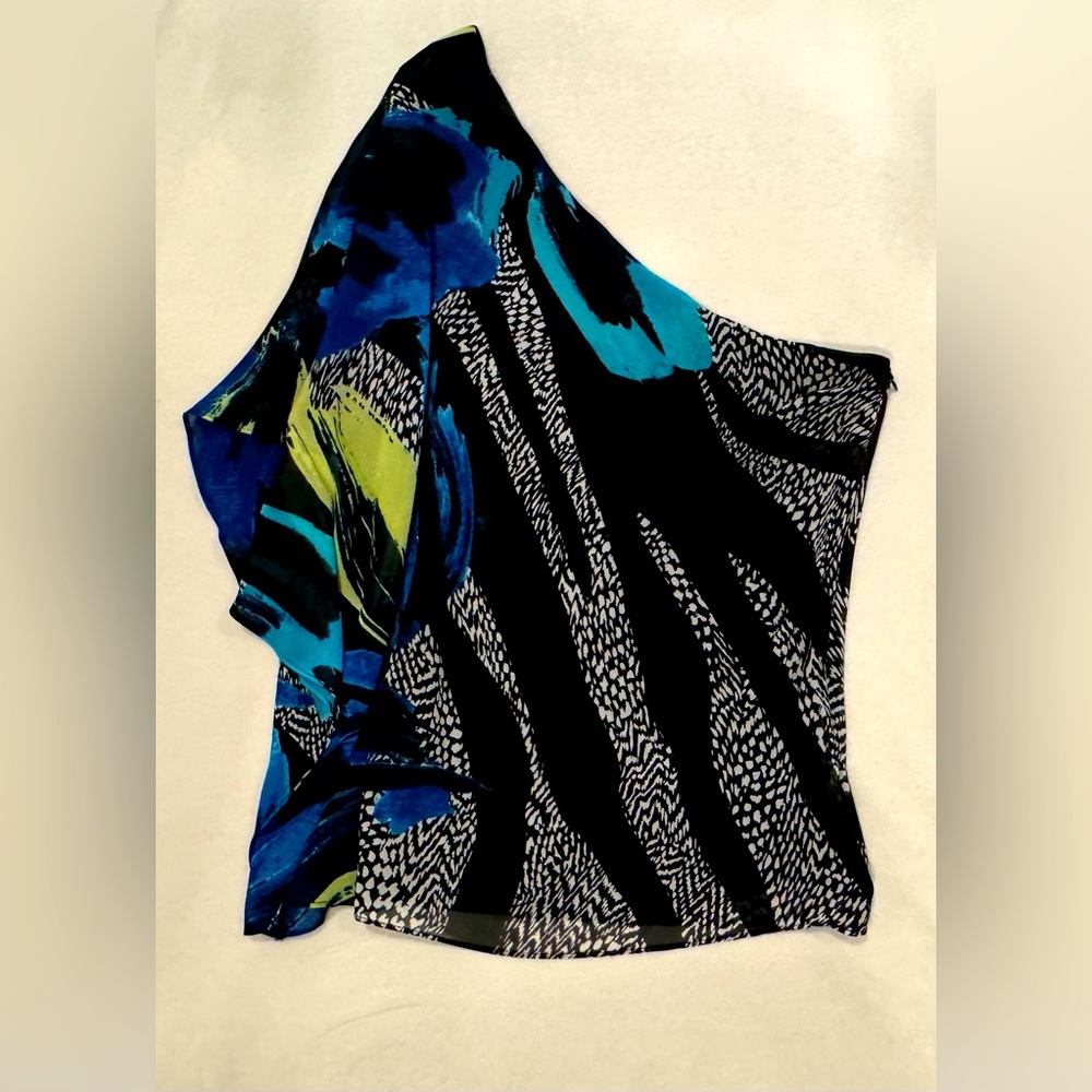 Caché Blue & Black Abstract Animal Floral One Shoulder Top M